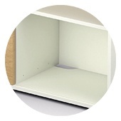 Discreet cable managemen<br/> Scalloped edge in the lower part of the storage units pietement
